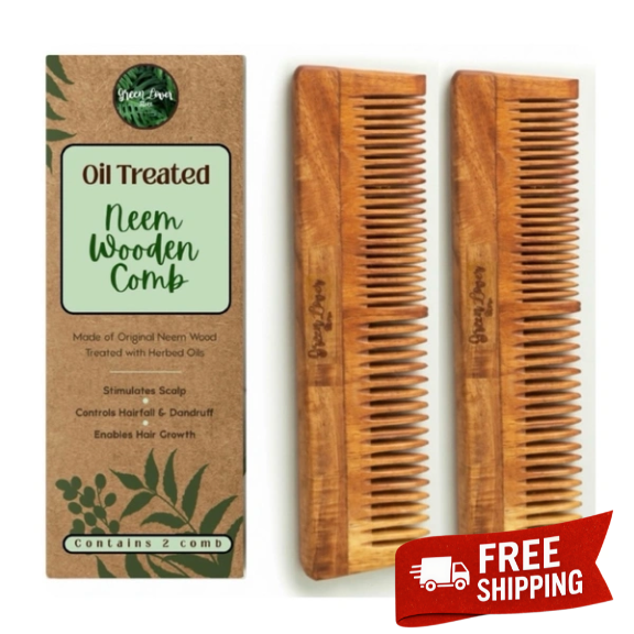 Greenloverstore 100% Pure Oil Treated Neem Wooden Dual Side Comb Pack Of 2